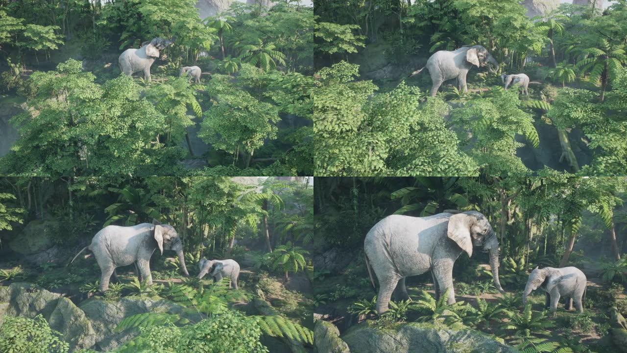 一头带有小象的非洲象是吃绿色丛林中的植物。动物动画，自然和教育背景。看看非洲丛林。