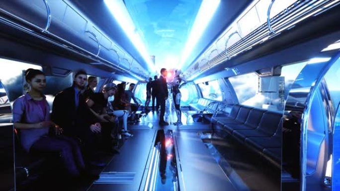 人和机器人。飞行客运列车。云中的未来科幻城市。乌托邦。未来的概念。空中奇妙的景色。逼真的4k动画。