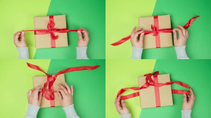 女性双手解开礼品盒上的红色丝带，绿色背景