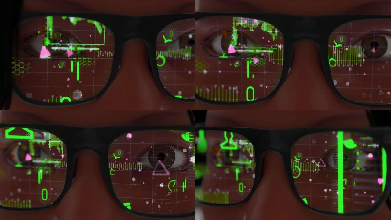 女人戴着现代眼镜智能眼镜和现实概念与未来的屏幕。虚拟技术。被统计数据和apple analytics