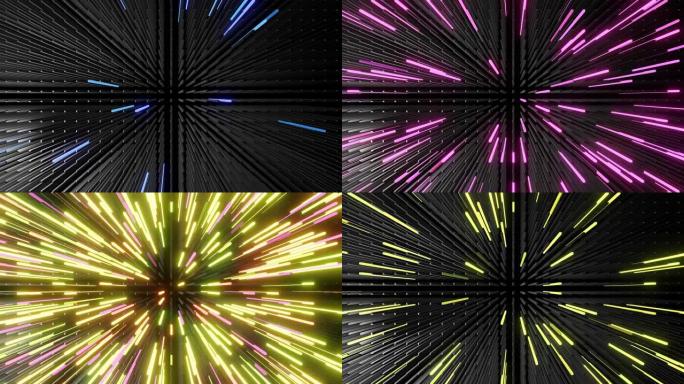 3d抽象简单的几何背景与多色矩形像灯泡闪烁的霓虹灯形成墙壁。流畅的循环动画。具有3d对象的创意简单运