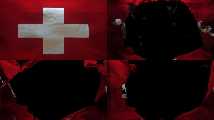 瑞士国旗被撕裂的3D动画，阿尔法频道