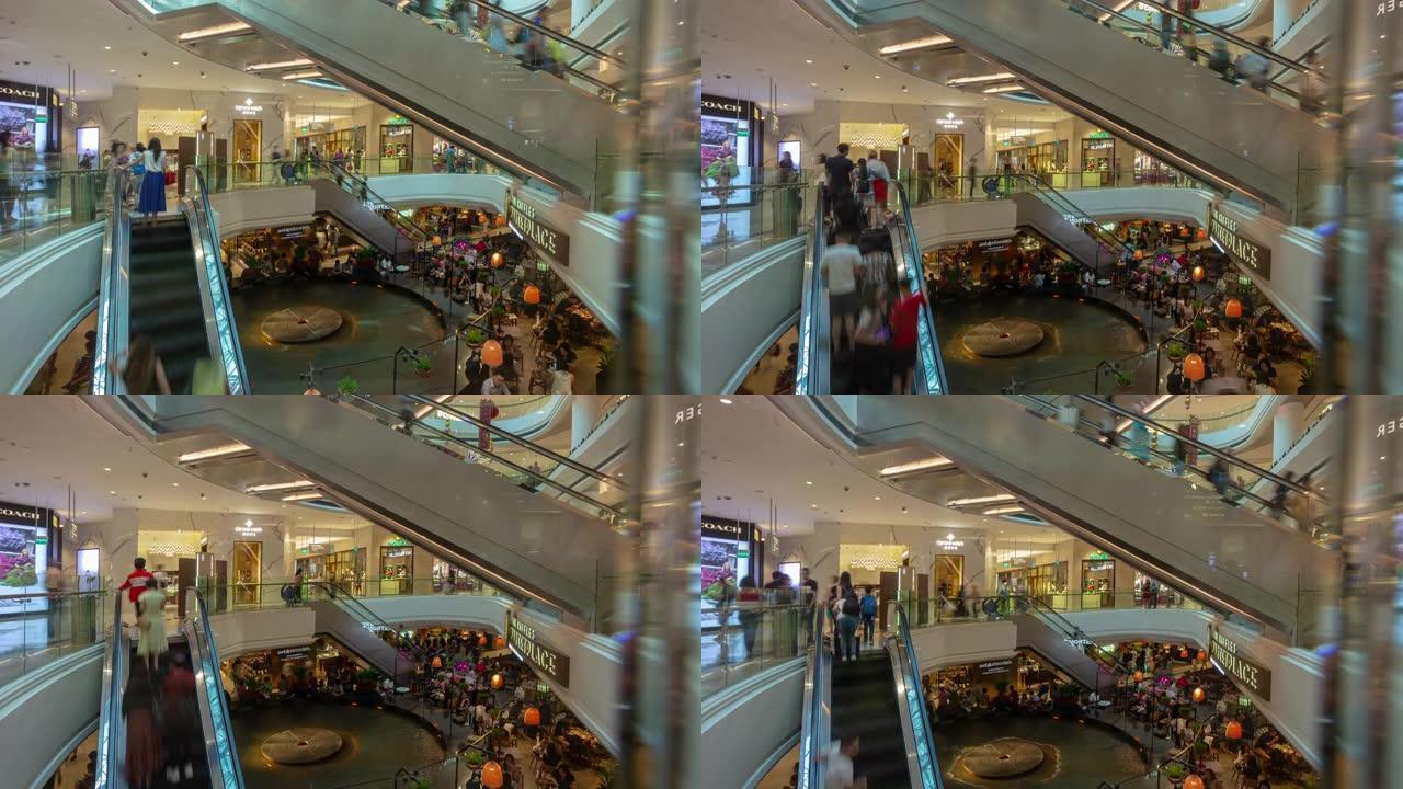 新加坡市中心日间著名购物中心餐厅美食广场大厅延时全景4k