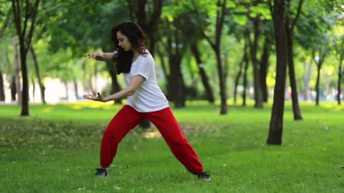 一个女人在公园里做太极拳气功。东方武术武术