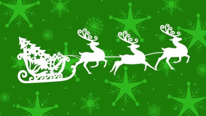 驯鹿拉着雪橇上圣诞树剪影的数字动画