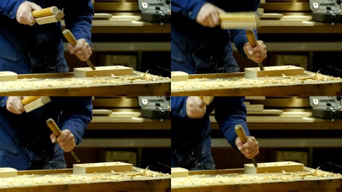 木雕 -- 人类的手凿一块木头。