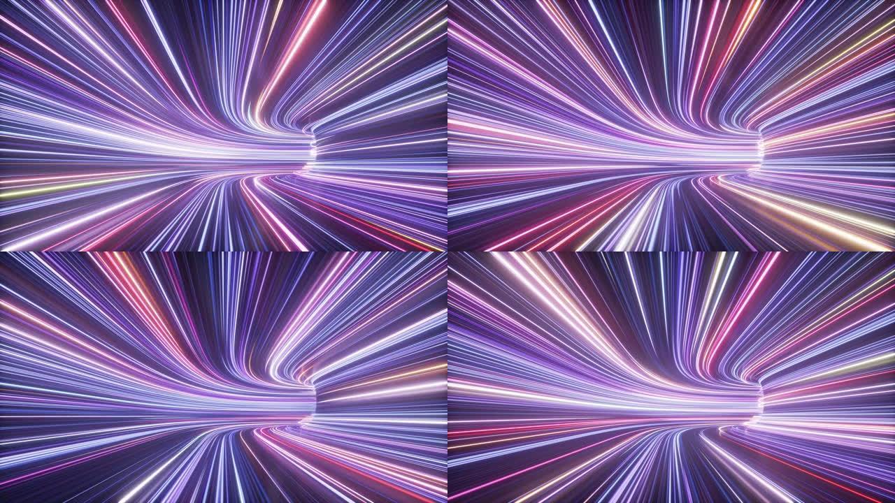 3d抽象的未来背景，霓虹灯在隧道内右转。紫外线，虚拟现实，光速，时空串发光线。无缝循环动画