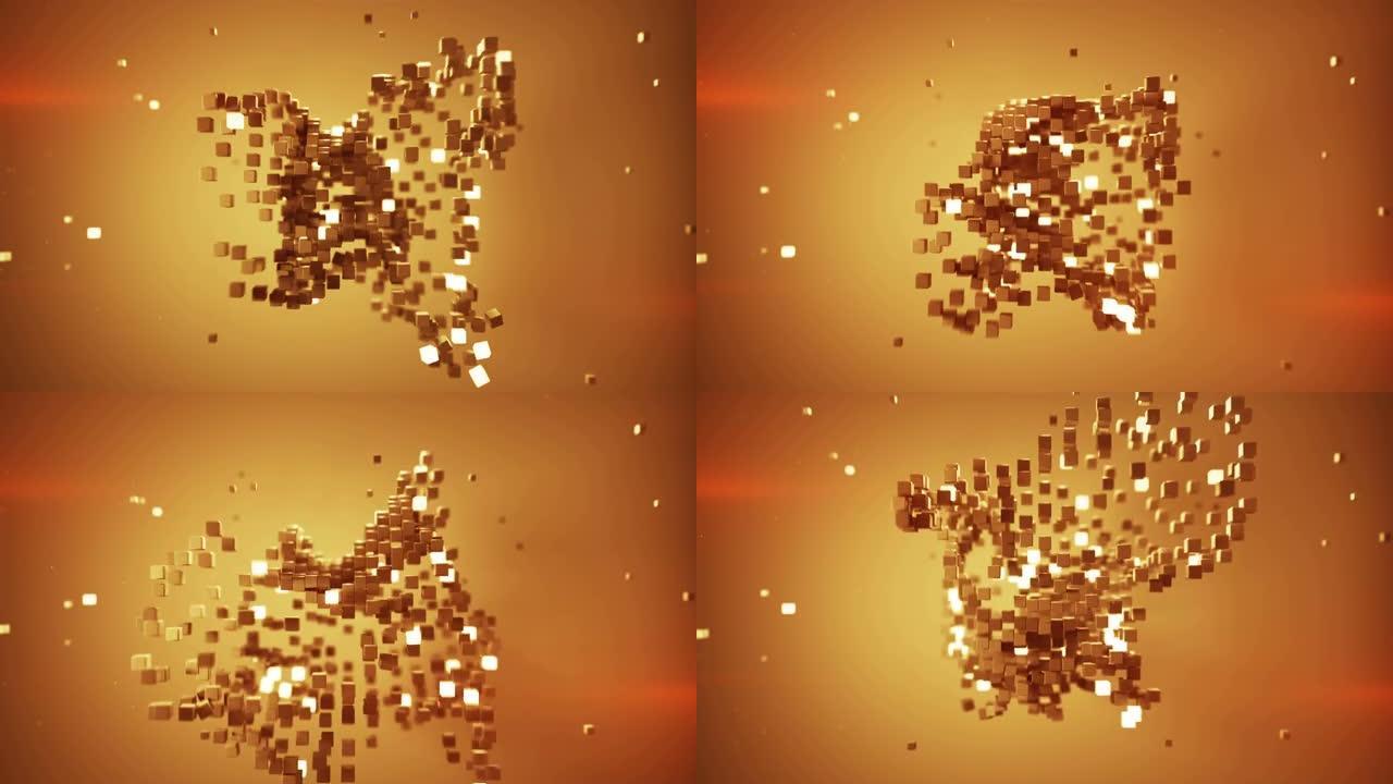 橙色立方粒子的形状无缝循环3D动画