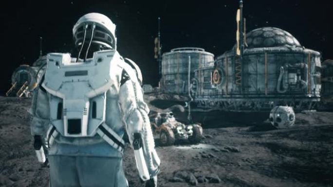 一名宇航员在未来的太空基地接近他的漫游者。幻想、未来或太空旅行的动画。