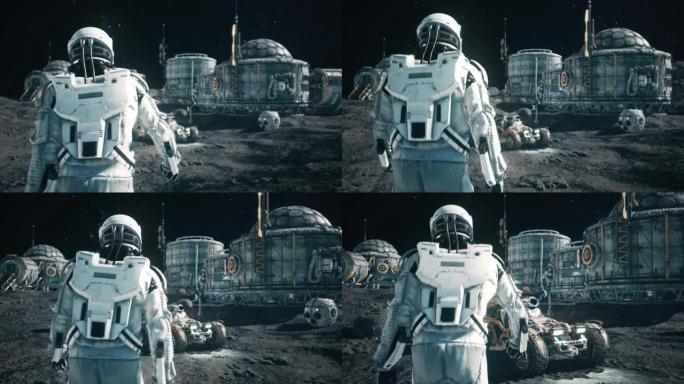 一名宇航员在未来的太空基地接近他的漫游者。幻想、未来或太空旅行的动画。