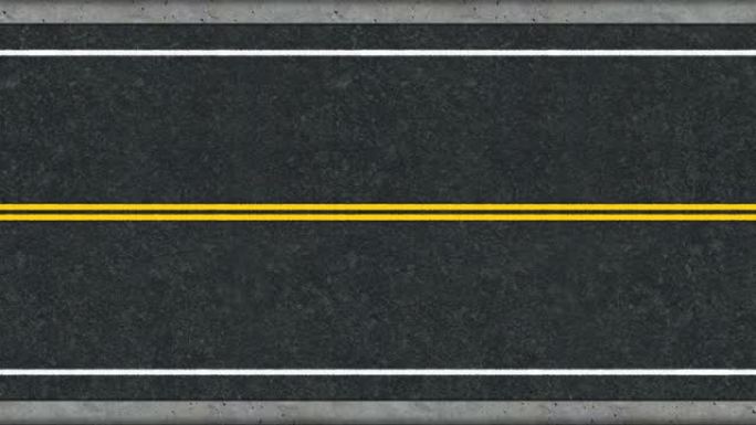 动画沥青路循环。用标记条近距离观察柏油路。带有黄色标记线的沥青公路