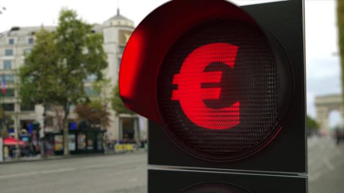 红色交通信号灯上的欧元标志。外汇相关概念3D动画