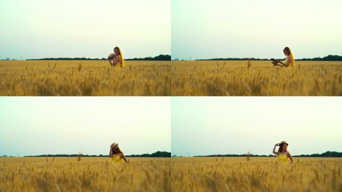 金发女人在野外玩草帽