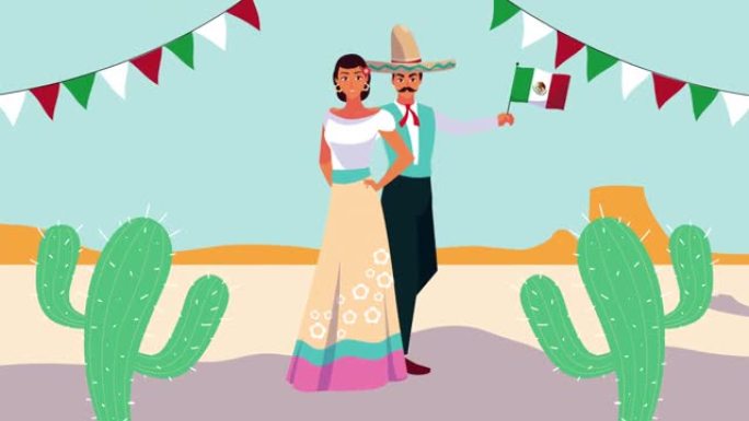 墨西哥庆祝动画与墨西哥夫妇和花环在营地