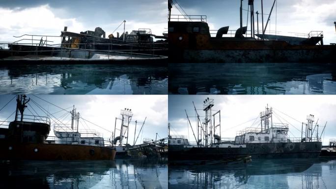 在旧海湾摧毁了生锈的船只。废弃的工业船只。