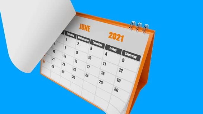蓝色背景上橙色框架的飞行页面日历2021年侧视图