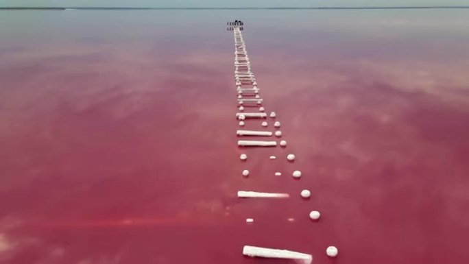 粉红湖药用粘土上的废弃码头日落时未分级，无人机景观