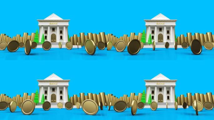蓝色背景上银行前面循环旋转硬币的前视图