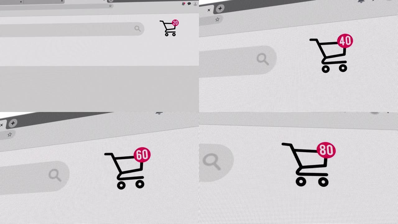 桌面或笔记本电脑屏幕上带有动画计数数字的购物车图标的特写镜头动画在购物网页上添加在线商品。4k和高清
