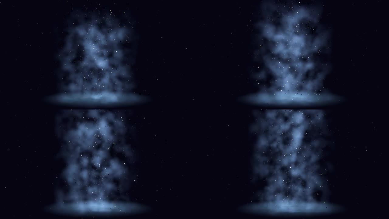 小颗粒落下发光，雾向上升起。太空中能量的空间运动动画。
