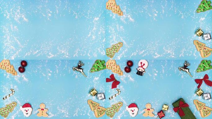 停止运动平躺视图: 白色糖霜如雪落下，装饰糖霜，自制圣诞饼干，如姜饼，圣诞树，圣诞老人，和礼物，装饰