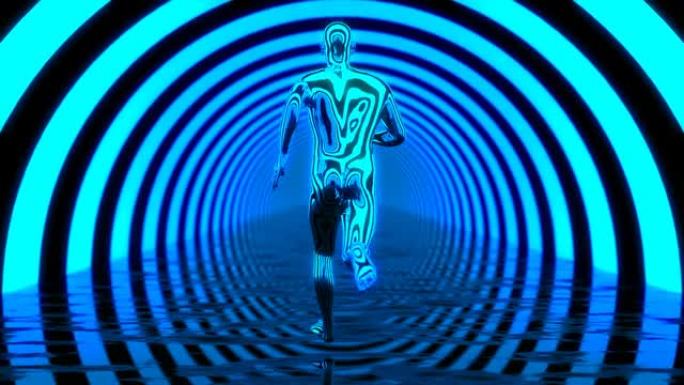 在蓝色圆圈3D循环中奔跑的人抽象背景隧道