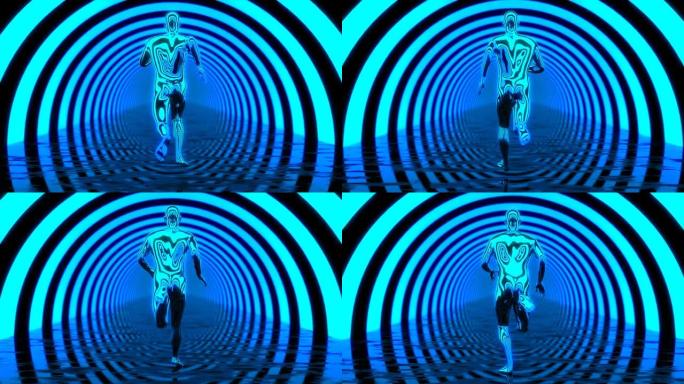 在蓝色圆圈3D循环中奔跑的人抽象背景隧道