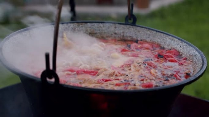 一勺蘑菇汤，在明火上的大锅中煮熟。慢动作V2