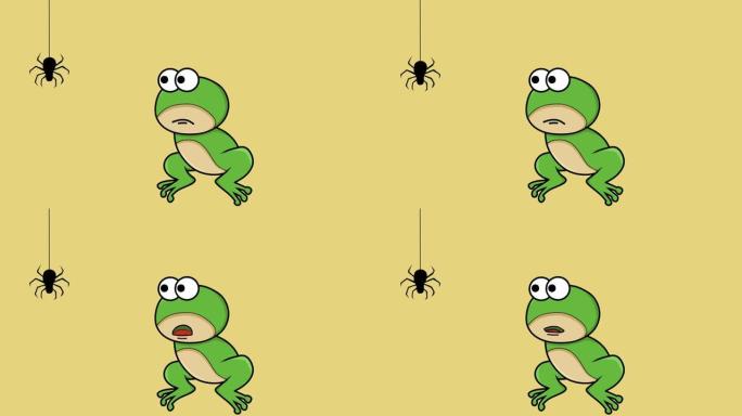 一只绿色青蛙用舌头捕捉虫子的动画视频