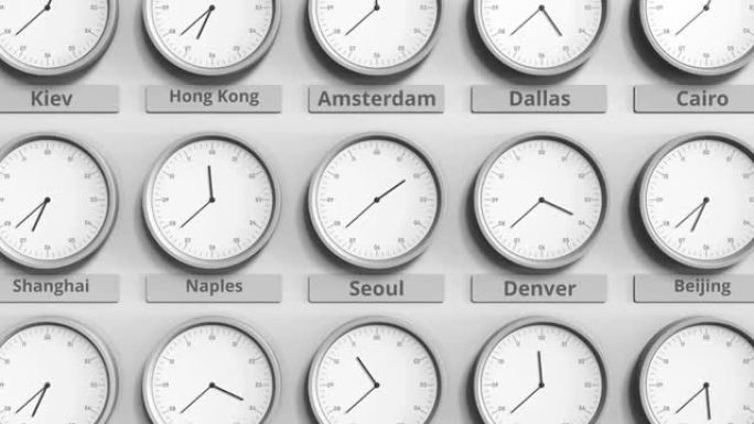时钟显示韩国首尔不同时区的时间。3D动画