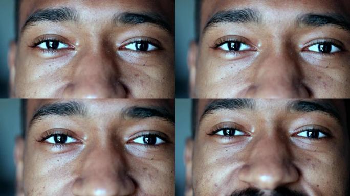 非洲男子眼睛特写，黑人男子宏观眼睛特写凝视相机