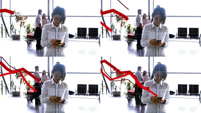 使用智能手机在站在机场上的亚洲妇女的网格上形成红色图形