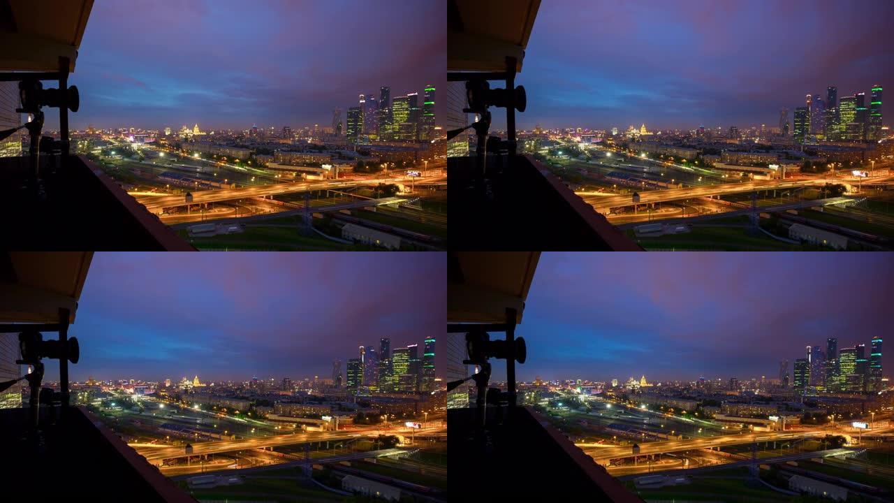 俄罗斯夜莫斯科交通桥火车站屋顶全景4k延时