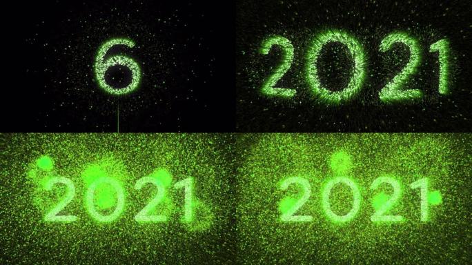 4k新年快乐庆祝绿色烟花倒计时2021