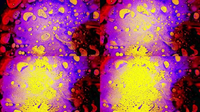 抽象背景，奇妙的气泡结构。科学实验，化学反应。混沌运动，气泡流动在4k膨胀。迷幻液体光显示，水油中的