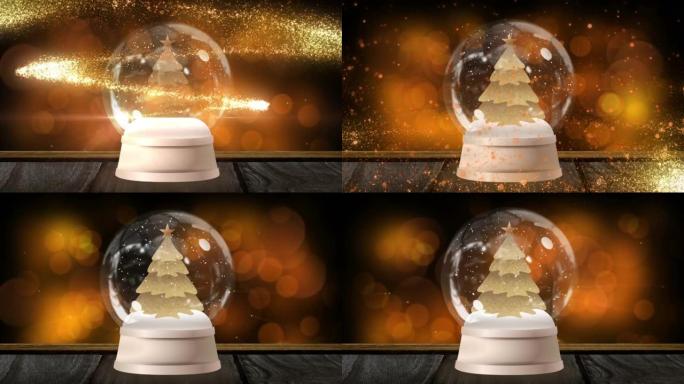 流星在木面aga上的雪球中绕着圣诞树移动的数字动画