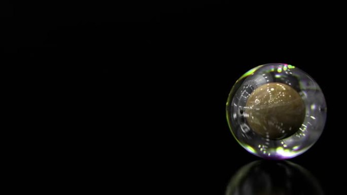 未来球的3d设计，黑色背景上有透明玻璃气泡。地板上滚动球体的循环动画。