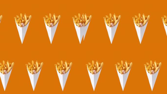 橙色背景上的一排脆炸金薯片，炸薯条和酱汁。快餐的概念为广告，复制空间。无缝循环模式动画