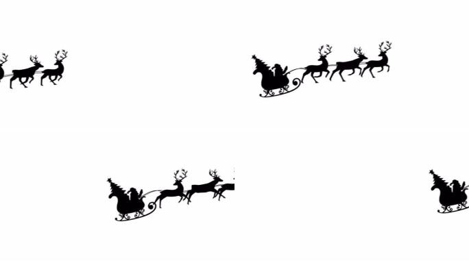 驯鹿拉雪橇中的圣诞老人和圣诞树的黑色剪影动画