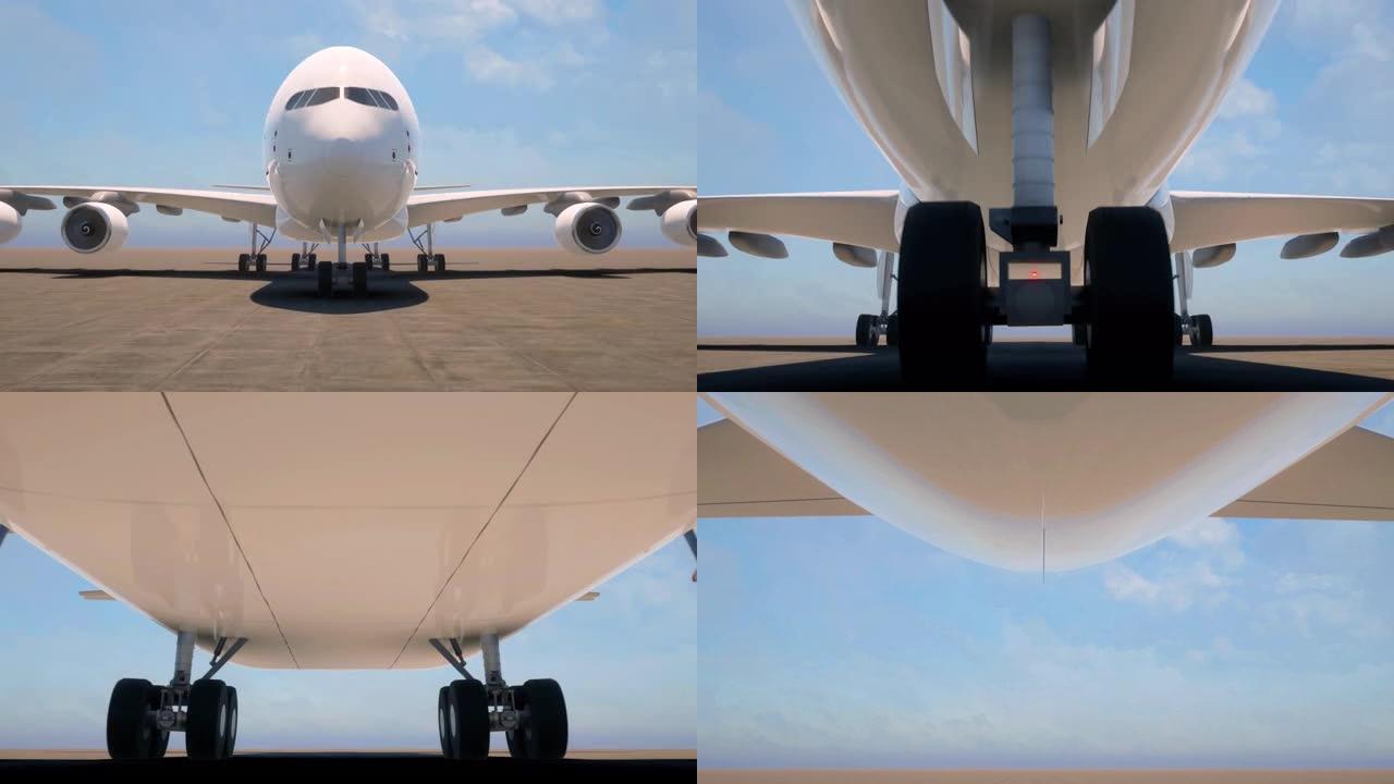 摄像机从机场跑道起飞时在商用飞机下移动
