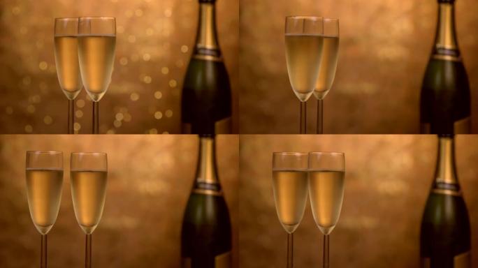 节日bokeh闪烁背景的香槟酒杯，在转盘上旋转，汽酒酒杯，庆祝活动，聚会