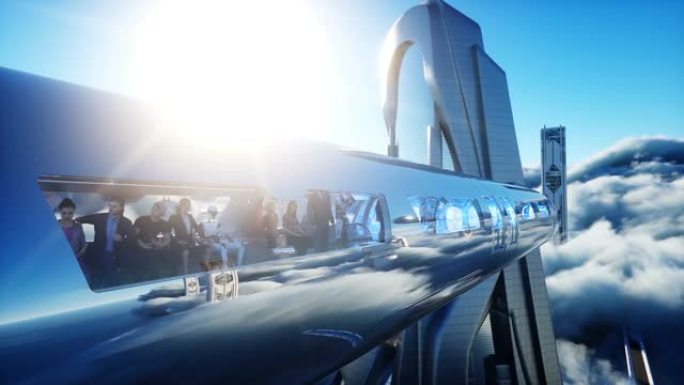 飞行客运列车。云中的未来科幻城市。乌托邦。未来的概念。空中奇妙的景色。逼真的4k动画。