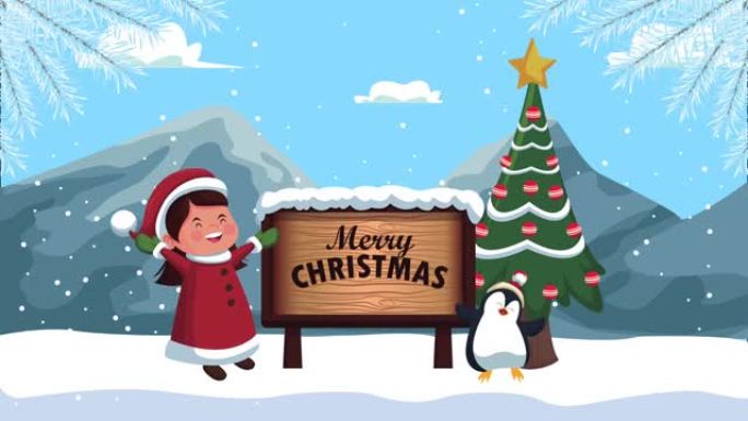 快乐圣诞快乐动画与女孩和企鹅