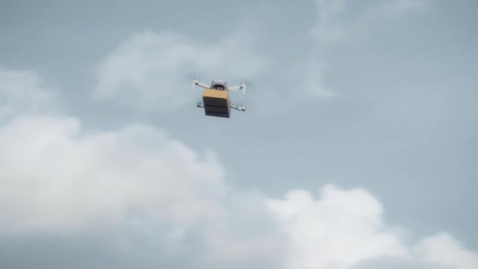 拿着纸板包裹在空中运送无人机上飞行