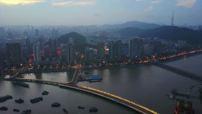 夜间珠海湾城市景观港口航空全景4k中国