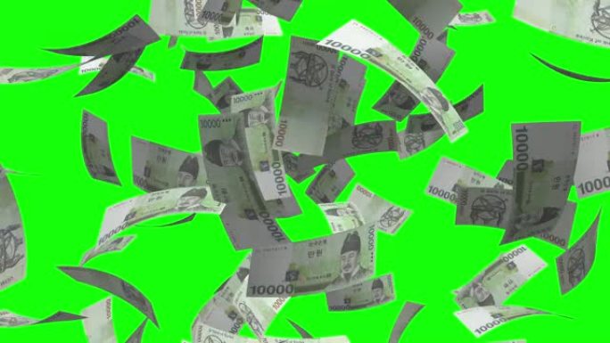 韩国一万10000韩元钞票钱，下雨钱绿屏色键背景4k股票视频