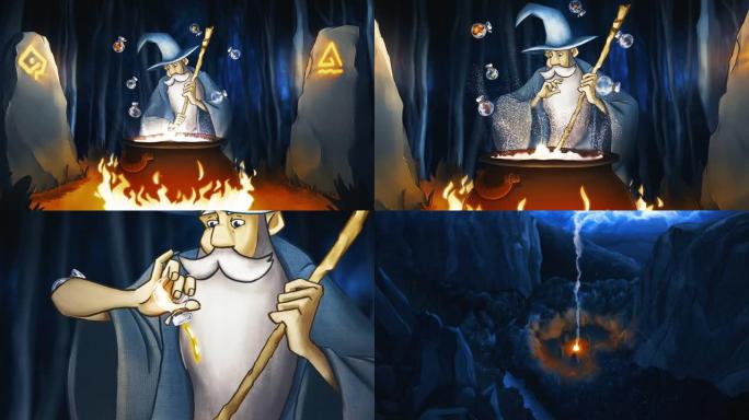 万圣节概念，卡通动画，在森林中有一个神秘的地方，巫师在仪式上准备药水。库存镜头。老魔术师在歌唱和符号