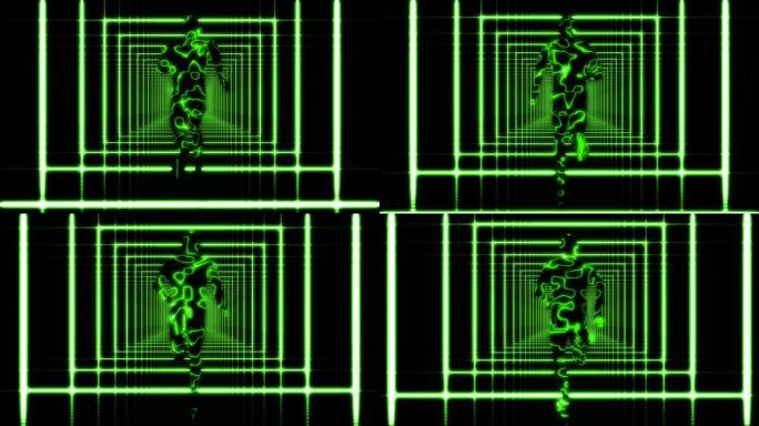 3D循环中的跑步人带绿灯的抽象背景走廊