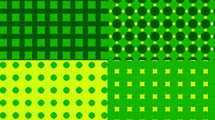 背景以万花筒的形式在不断运动的各种几何形状，同时保持绿色的对称