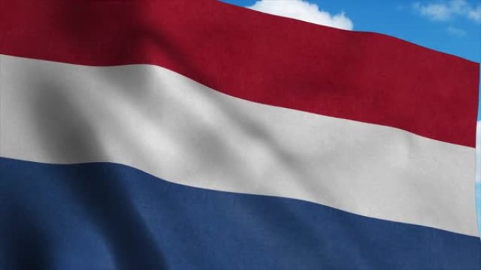荷兰国旗在风中飘扬，蓝天为背景。4 k